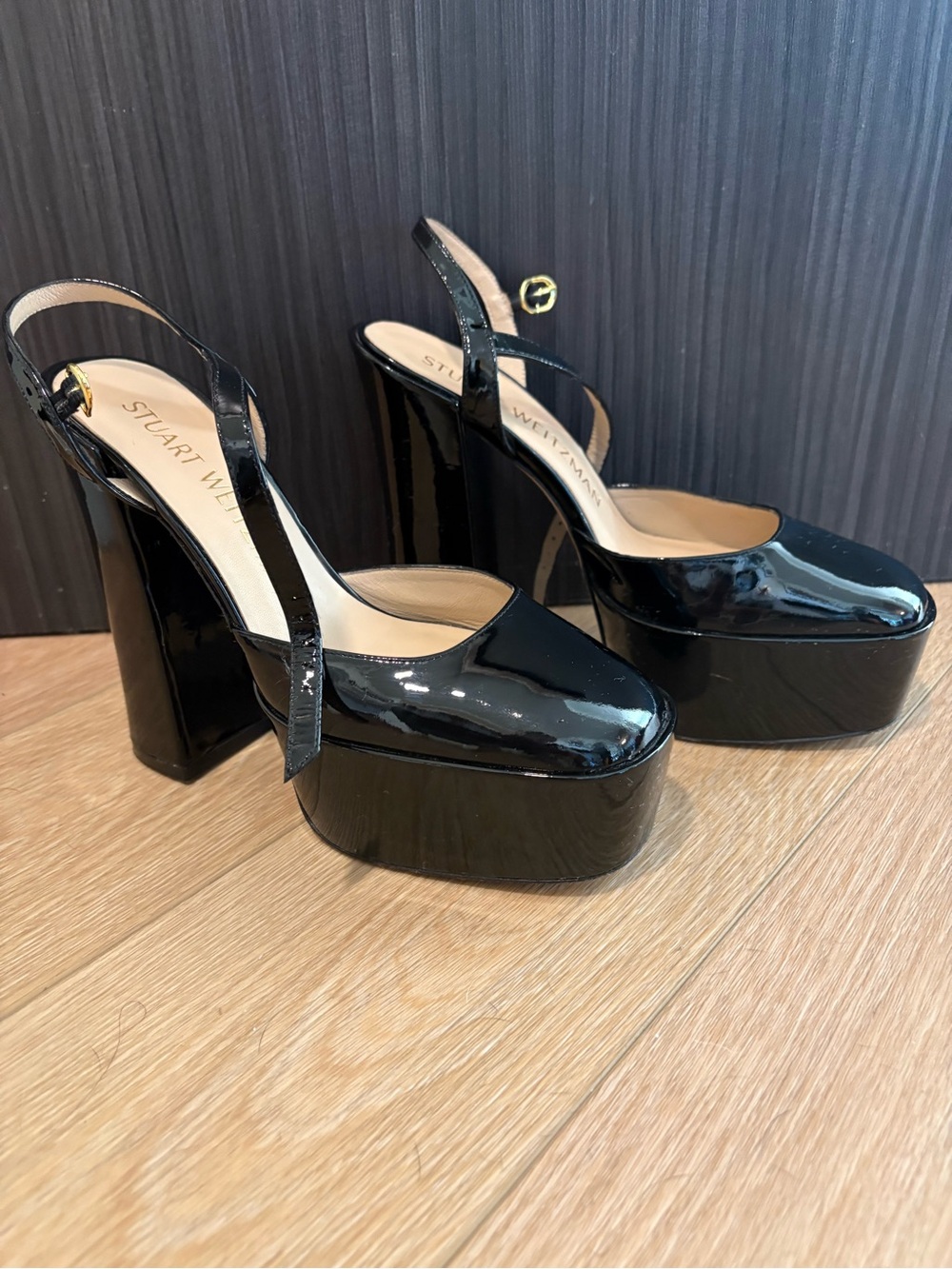 Stuart Weitzman Black Patent Platform Slingback Pumps